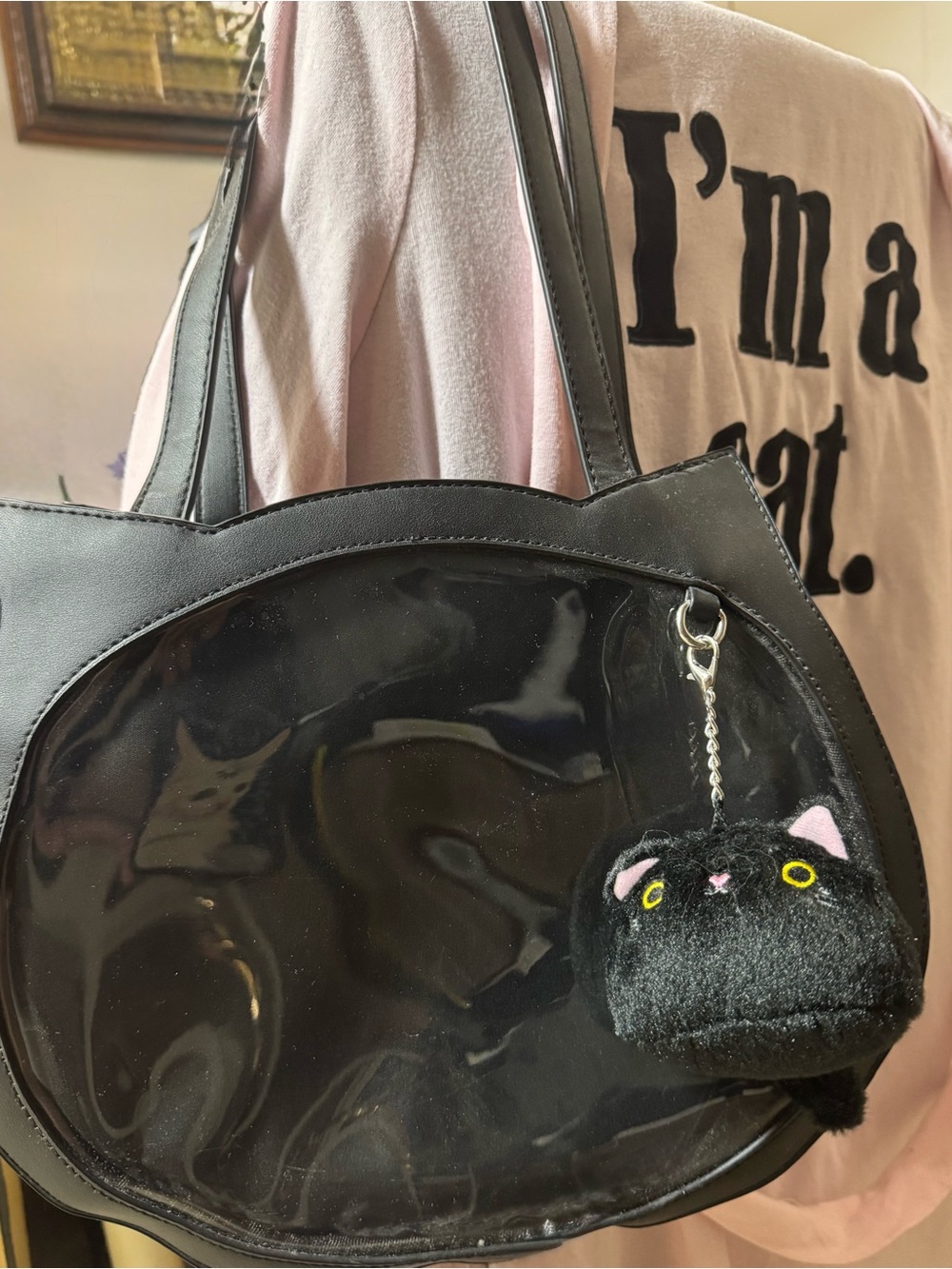 😻 Black Cat Shaped Clear front Tote Bag with Cute Black Cat Pom Keychain - EUC